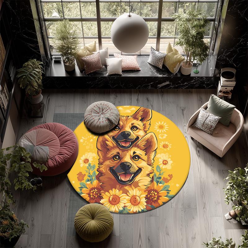 Dog on Yellow Background,Round Area Rug,Carpet Rug for Living Room Bedroom Sofa Playroom Decor,Non-slip Floor Mat