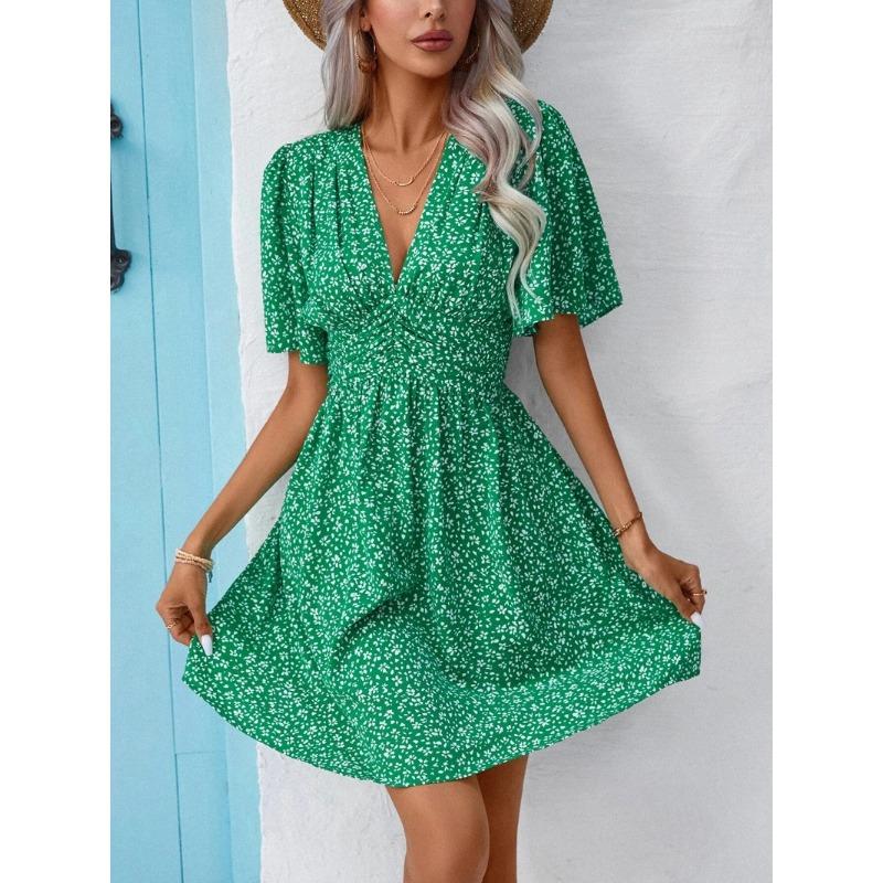 YYFS Women's Fashion Summer Spring Flower Pattern Print Short Sleeve V-Neck High Waist Casual Dresses