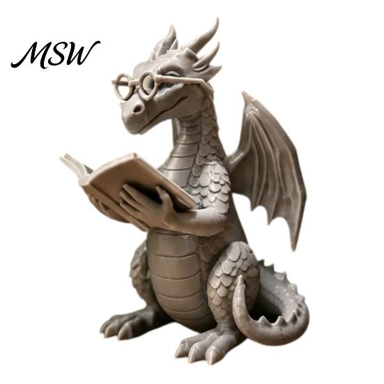 Decorative Book Holder Reading Dragon Figurine with Glasses, Statue, 3D Printed Fantasy Bookshelf Ornament Decor, Whimsical Desktop Ornament, Gift for