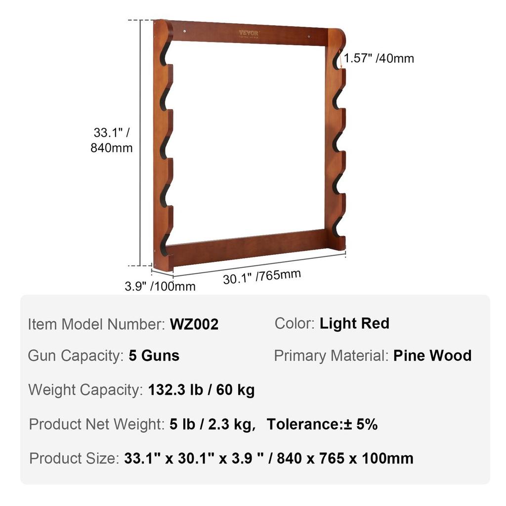 Gun Rack 5-Slot Wood Gun Rack Wall Mount Gun Display Rack holds 5 Rifles