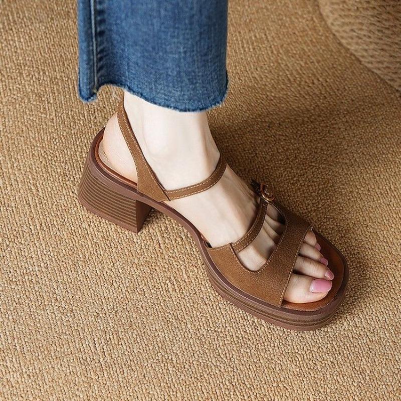 Fashion Woman Shoes Roman Style Beige Buckles Sandals for Women Dress Round Toe Tip Sabot Sandal 2024 Luxury Casual Original Trend Korea