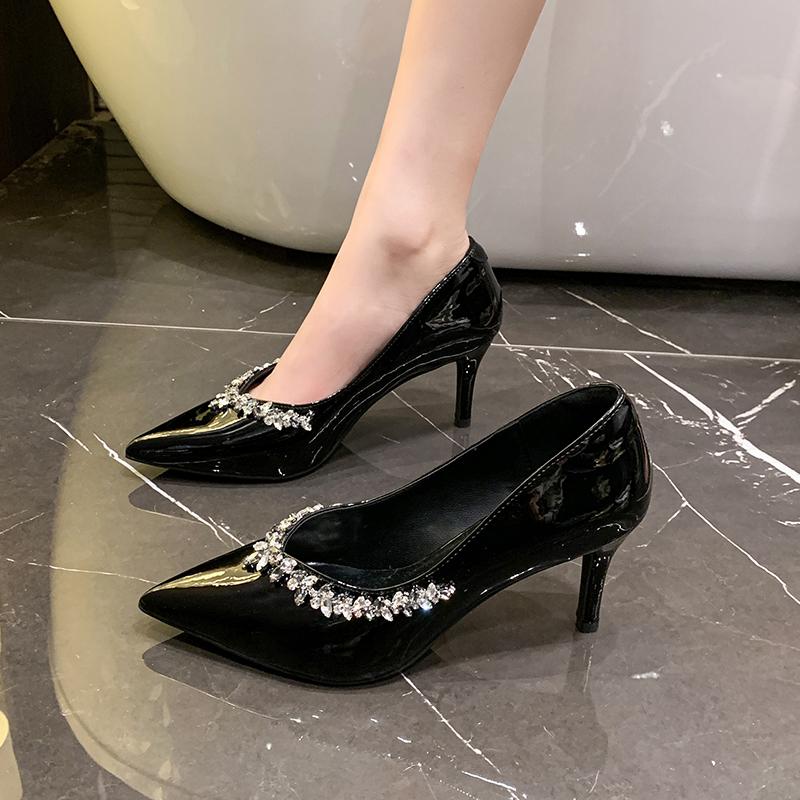 Модные черные туфли-лодочки на высоком каблуке с острым носком для женщин, универсальные, с тонким каблуком, рабочая обувь, женская дизайнерская обувь для банкета, туфли