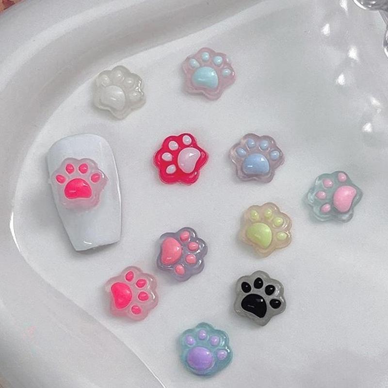 20Pcs 3D Luminous Cat Paw Nail Charm Resin Cartoon Transflective Manicure Ornaments Mini 3D Nail Art Decoration