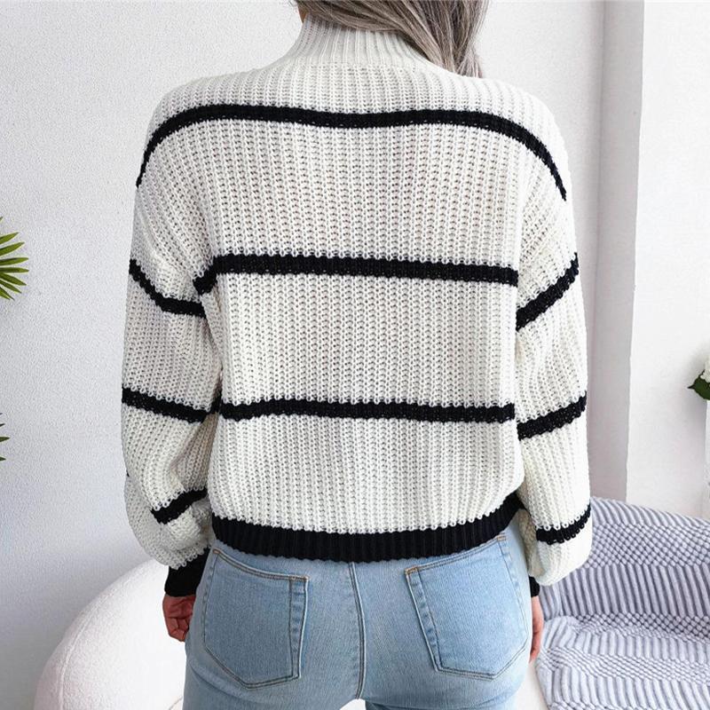 Повседневный полосатый свитер, женский свободный вязаный топ с рукавами-фонариками, полуводолазка