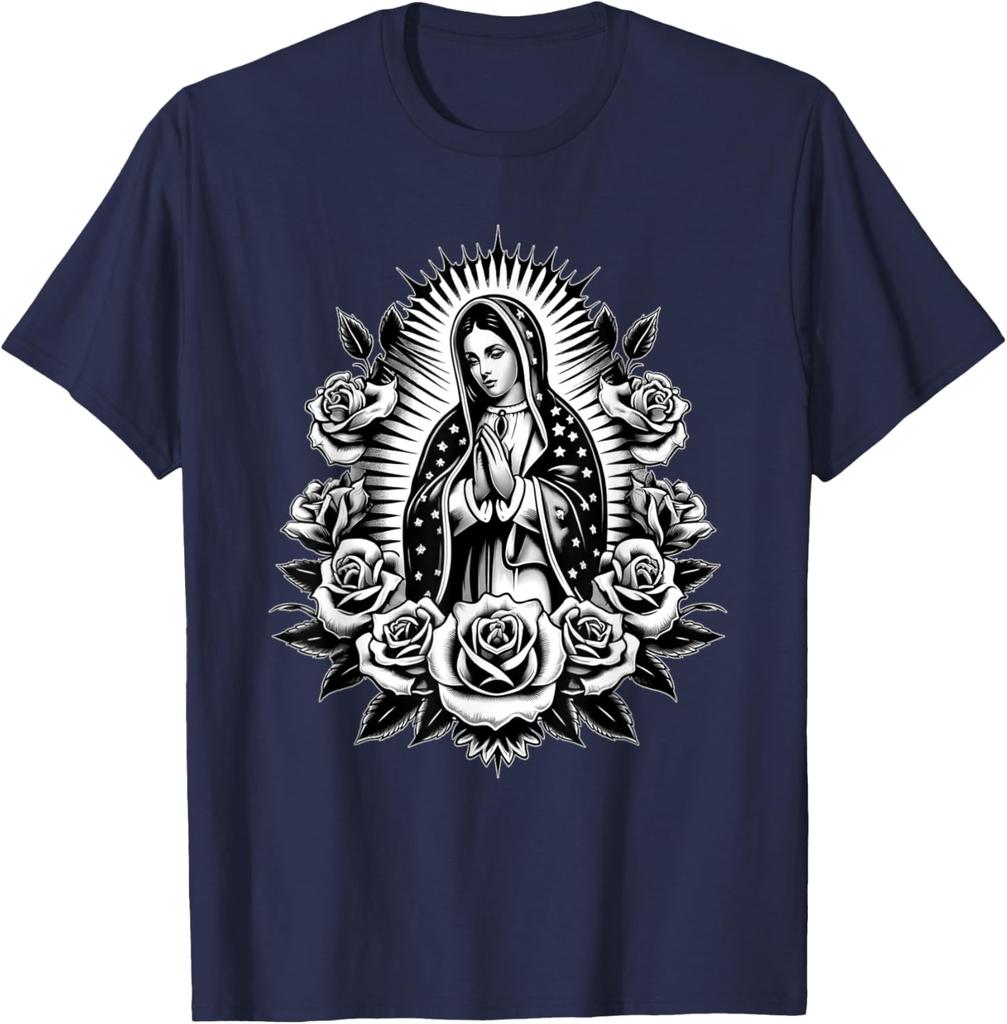 Virgin Mary Guadalupe Roses Graphic T-Shirt Religious Catholic Virginita Floral Print Tee Men Casual