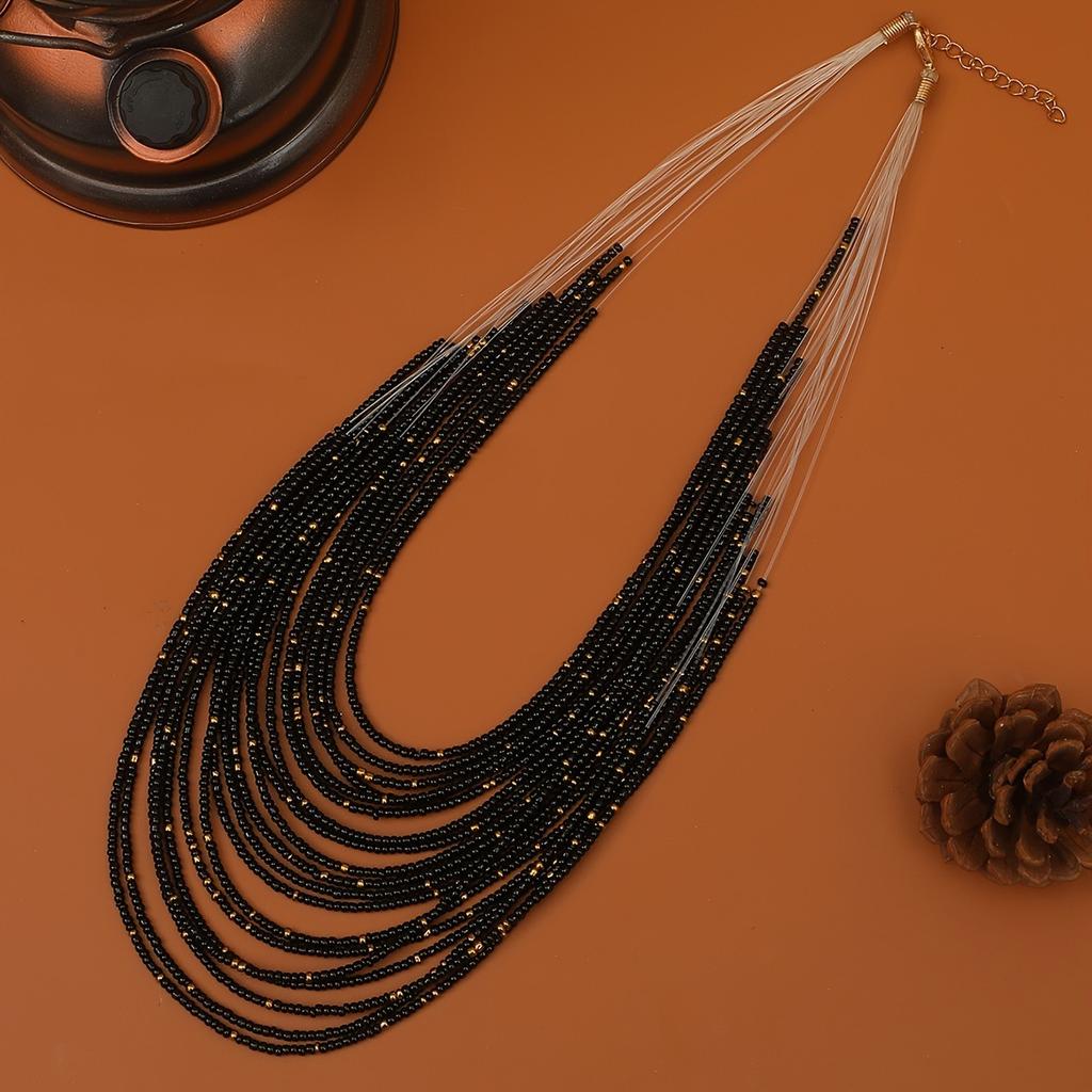 Ретро Этнический Стиль Ожерелье из Рисовых Бусин Богемный Многослойный Бисероплетеный Свитер Цепочка