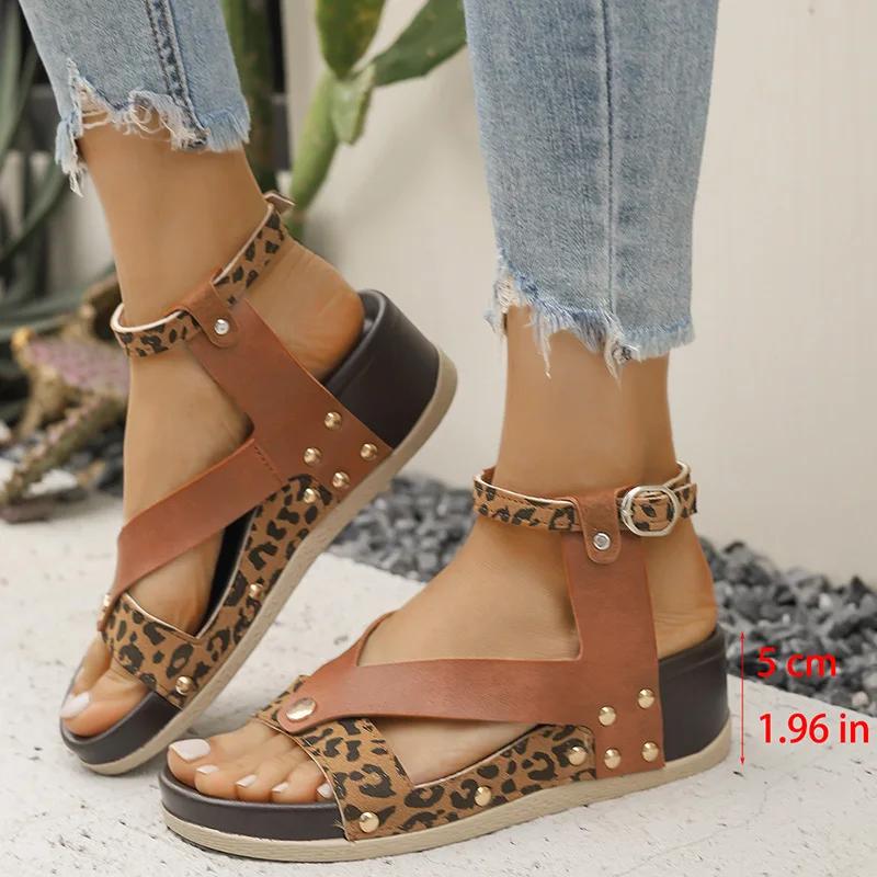 Fashion Summer Leopard Print Wedge Sandals Women Plus Size Ankle Strap High Heel Sandal Female New Slip On Pu Leather Sandalias Mujer