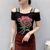 Streetwear Girl Summer Chic Clothes Mesh T-Shirts Shiny Flower Hot Diamonds Women's Tops New Sexy Off Shoulder Short Sleeve Tees