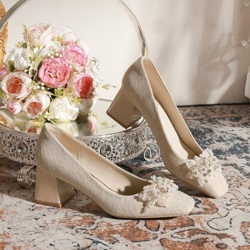 2024 Новая Мода Однотонные Женские Туфли Квадратный Носок Высокий Каблук Римский Стиль Слипоны Бежевый Римский Однотонный Zapatos De Mujer