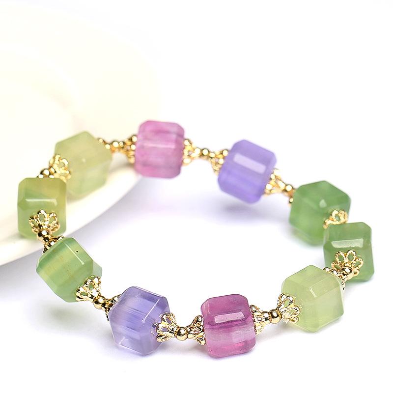 Браслет кубический из натурального цветного флюорита Hongchu Crystal, Браслет с квадратными бусинами из флюорита с градиентом цвета Единорога
