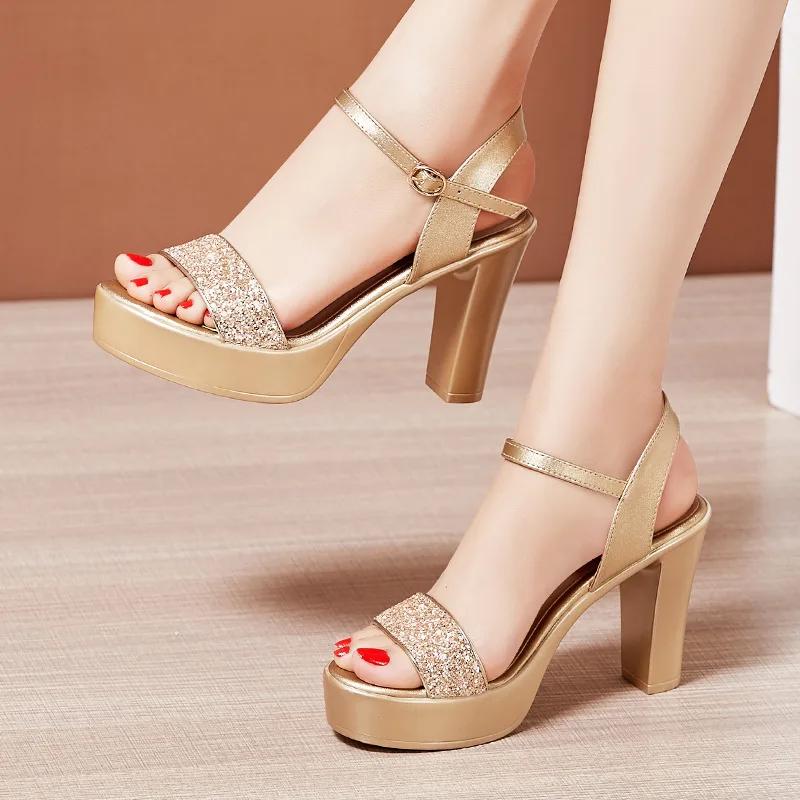 Maogu Block High Heels Свадебные туфли Серебро Золото 203 Элегантная женская обувь Летние блестящие босоножки на толстой платформе для женщин Размер 32 43