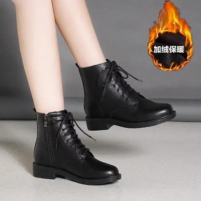 Женские кожаные ботинки 2025 Зимний комфорт Ботинки до середины икры Британский стиль Нескользящие На шнуровке Боковая молния Хлопковая обувь Botas De Mujer