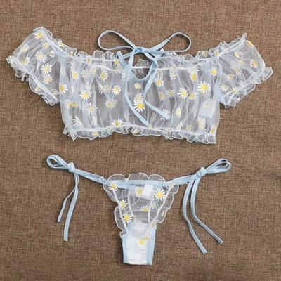 Сладкие сексуальные ромашки с цветочным принтом с открытыми плечами, комплекты из 2 предметов, прозрачное нижнее белье Babydoll, женские сетчатые топы на шнуровке + трусики-стринги, одежда для сна