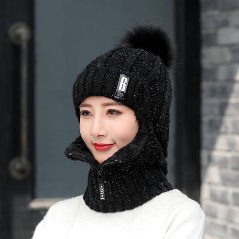Women Wool Knitted Hat Ski Hat Sets Windproof Winter Outdoor Knit Thick Siamese Scarf Collar Warm Keep Face Warmer Pompoms Cap