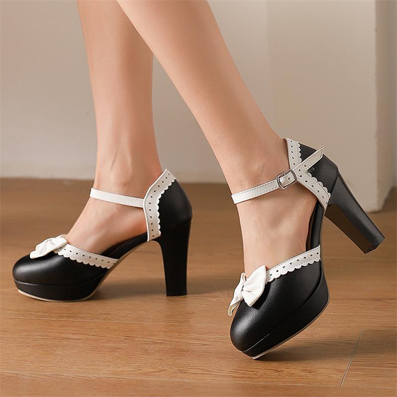 ANNYMOLI женские туфли-лодочки Mary Janes из двух частей с круглым носком на высоком каблуке с пряжкой на платформе, женская модная обувь весна-осень, белые 46