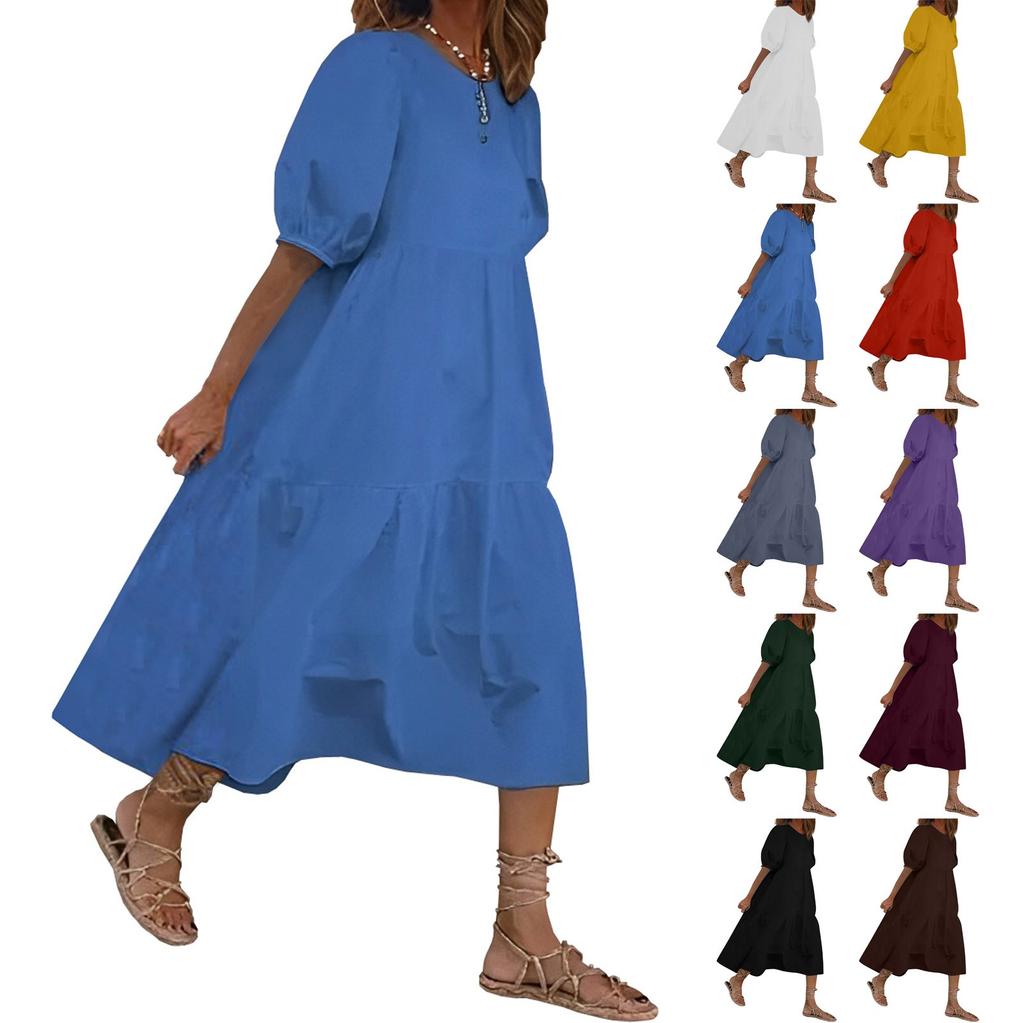 Модное женское свободное однотонное повседневное платье с пышными рукавами и короткими рукавами