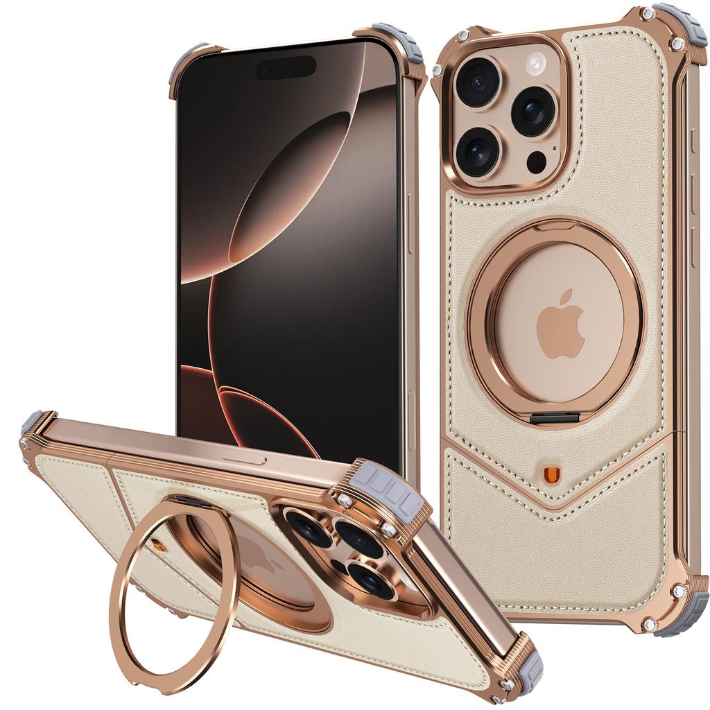 Чехол для iPhone 14 Pro Max, задняя крышка для телефона из металла без бортов, обтянутая ПУ, с подставкой