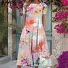 Women's Fashion Summer Spring Flower Pattern Print Short Sleeve O-Neck Loose Waistline Casual Dresses