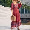 Women Dress Ethnic Bohemian Style Printing V Neck Short Sleeves Elastic Waist Pleated