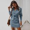 Women Slim Knitted Dress Autumn Winter Full Sleeve Sweet Solid Hip Adjust Waist Sashes S-XL