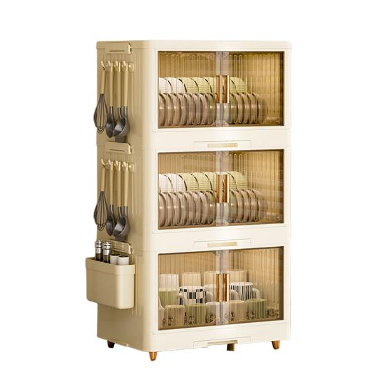 Штабелируемый ящик для хранения посуды, многоярусный органайзер для столовой посуды с прозрачной крышкой, дверцами, крючками, контейнеры для хранения тарелок, чашек, с поддоном для слива