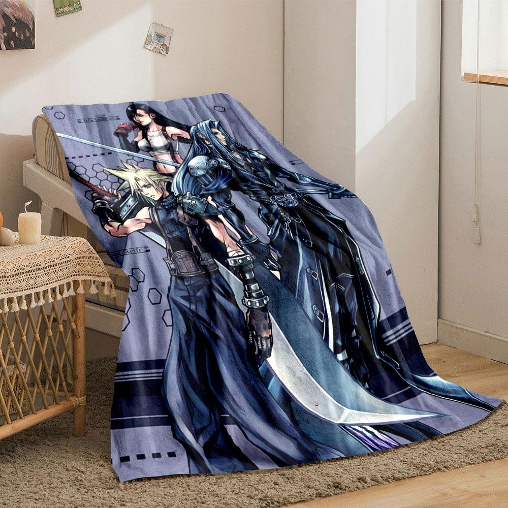 Three characters in detailed fantasy outfits holding large swords. for all seasons blanket lunch break throw gift