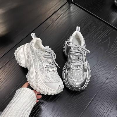 Европейские товары весна-лето 2025 новые кроссовки на платформе с пайетками женские универсальные сетчатые дышащие повседневные спортивные туфли тренд