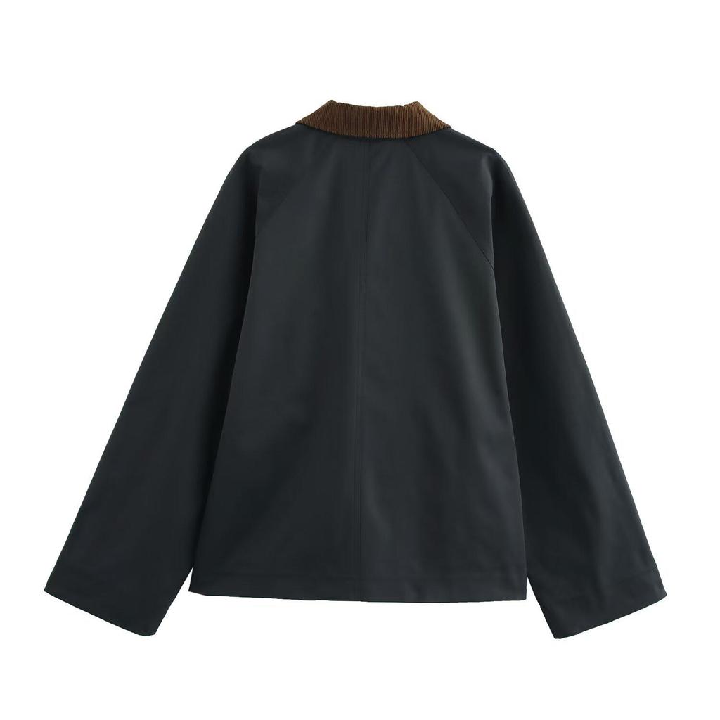 2024 Winter Women's European & American Style Corduroy Collar Waxed Leather Jacket