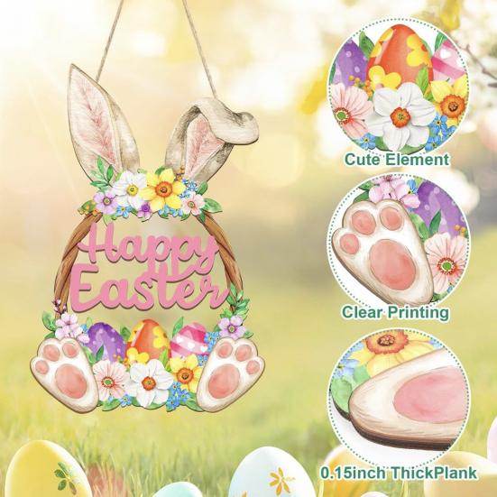 Yousheng Wooden Easter Door Wreath for Front Door Happy Easter Bunny Eggs Porch Sign for Spring Window Wall Hanging Decor