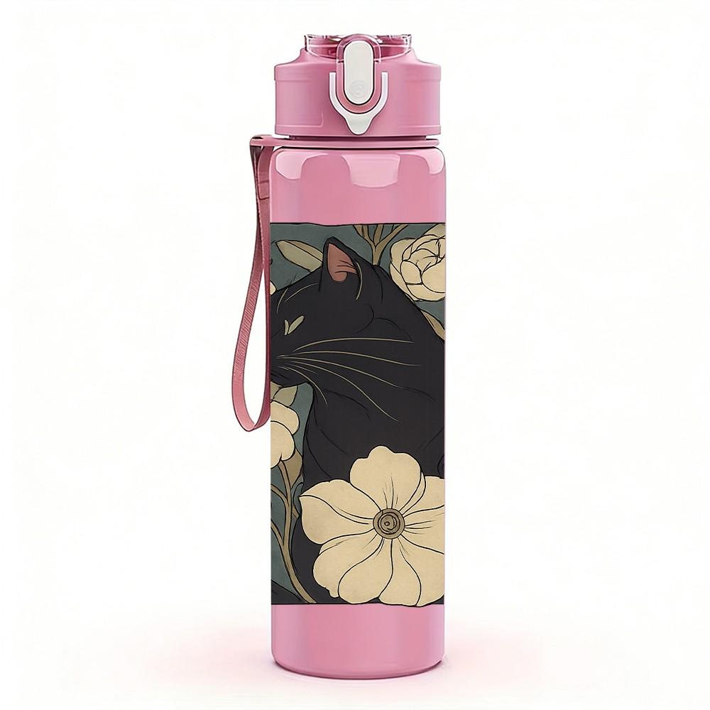 1PC Vintage Black Cat Floral Tile 750ml Color Plastic Sports Water Bottle Leakproof Flip Straw Lid For Sports Office Home Use