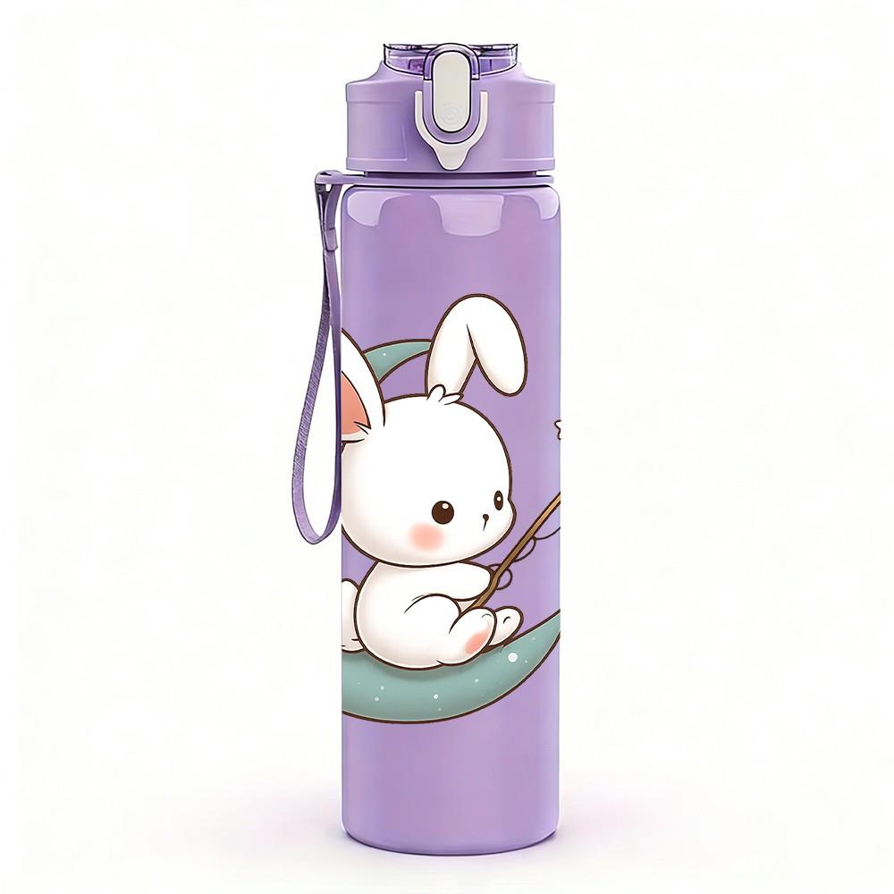 1PC Moon Bunny Rabbit Cartoon 750ml Color Plastic Sports Water Bottle Leakproof Flip Straw Lid Suitable for Sports Office Home Use