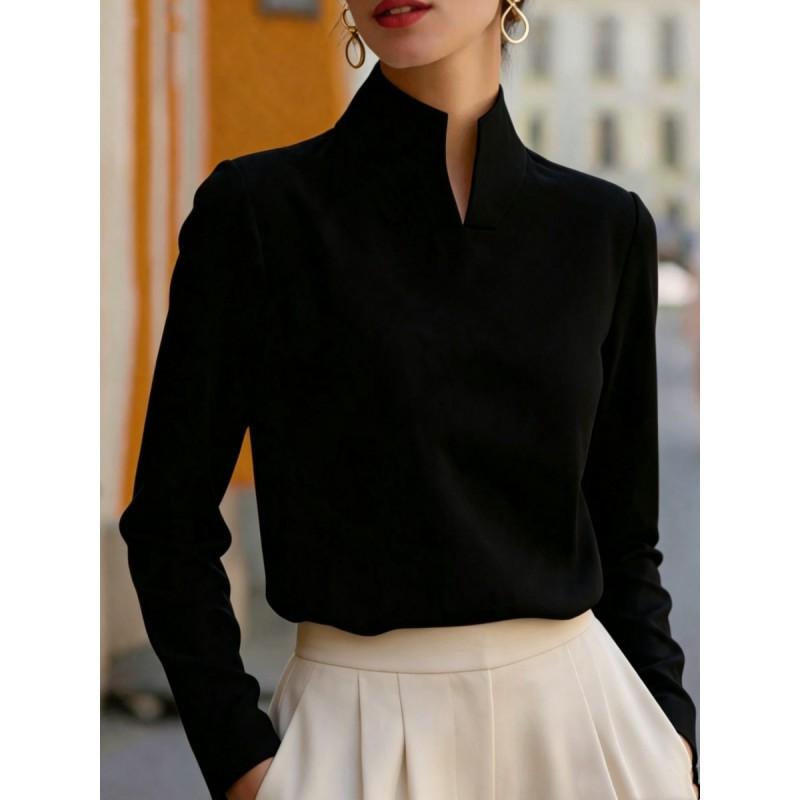2026 Womens Solid Color Stand Collar Long Sleeve Blouse Elegant Office Wear Lightweight Cotton Blend Shirt