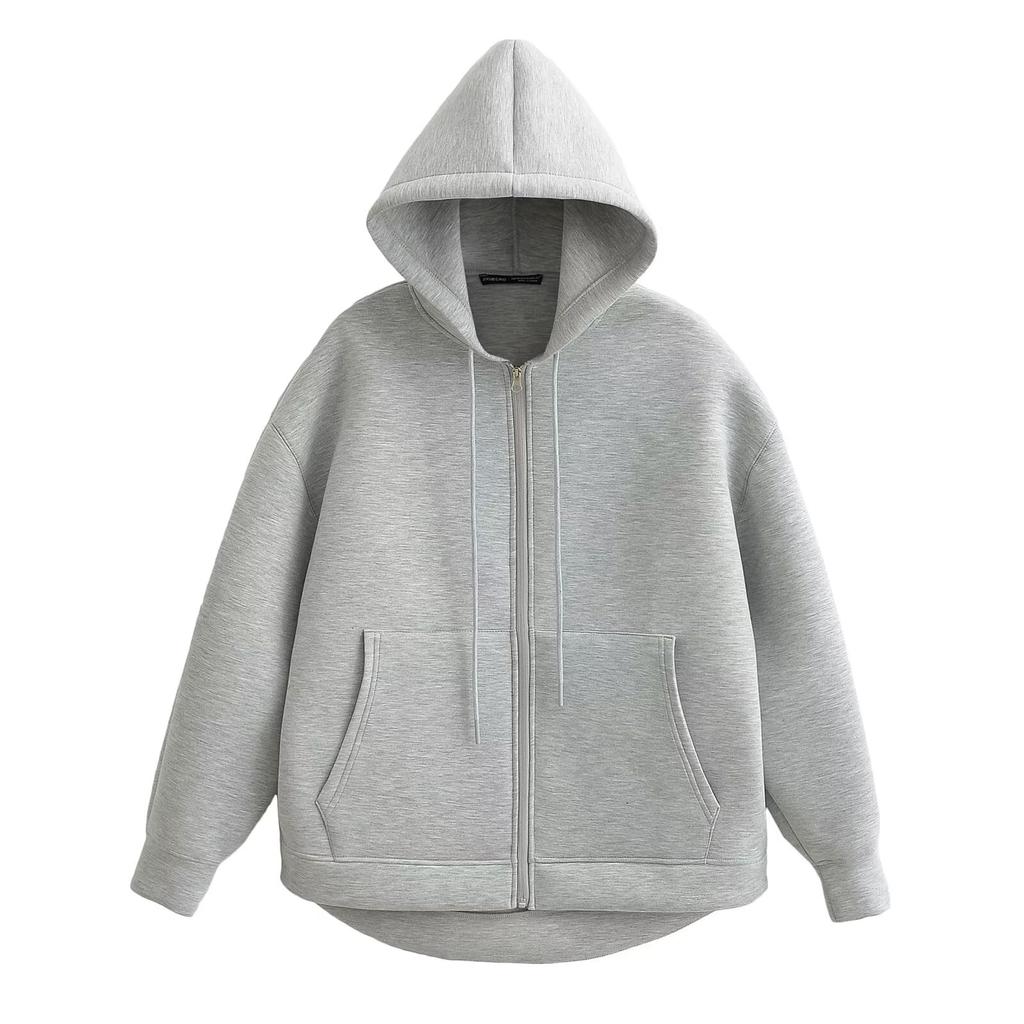 VAYLA  Autumn Women Gray Jacket with Hood Long Sleeve Big Pocket Zipper Jacket Coat Woman Loose Casual Outerwear Coat Tops