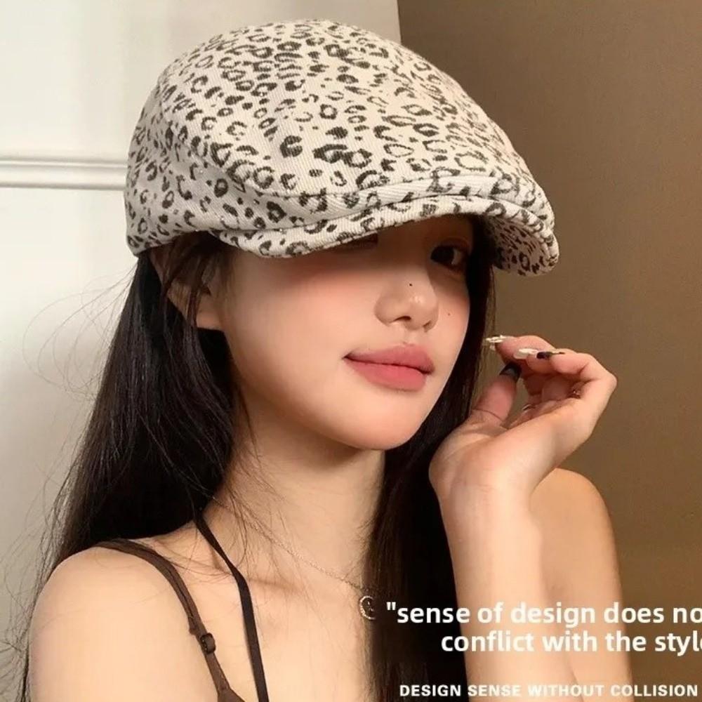 Rhinestone Leopard Print Beret Flat Painter Cap Fashion Leopard Newsboy Cap  Outdoor