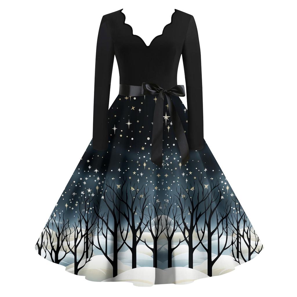 Женское повседневное модное платье с V-образным вырезом и длинными рукавами в стиле ретро с рождественским принтом в стиле ретро, осень