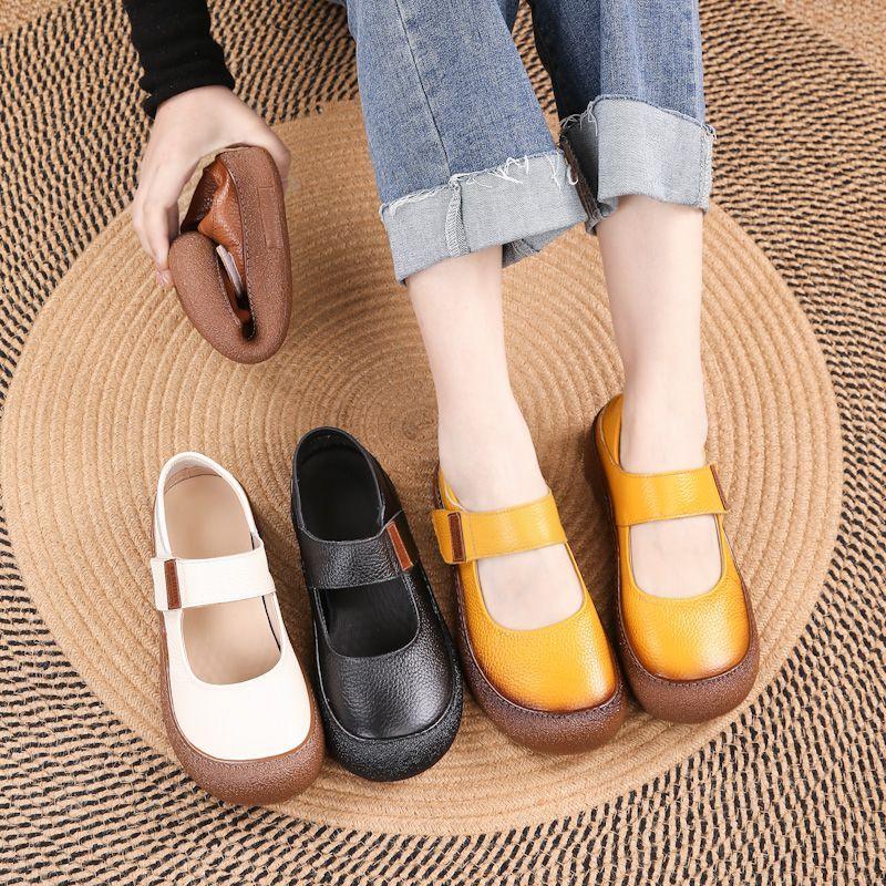 Fashion New Authentic Cow Leather Flats Woman Summer Mary Jane Shoes for Women Autumn Soft Strappy Loafer Ladies Daily Walk Shoes Travel