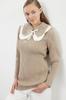 Women's Fashionable Stylish Hijab Sweater Beige Thessaloniki Knitted Baby Collar Knitwear Sweater