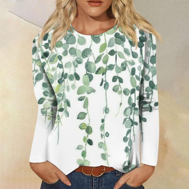 Женская мода повседневная с длинным рукавом цветочный принт круглый вырез пуловер топ блузка футболки женские