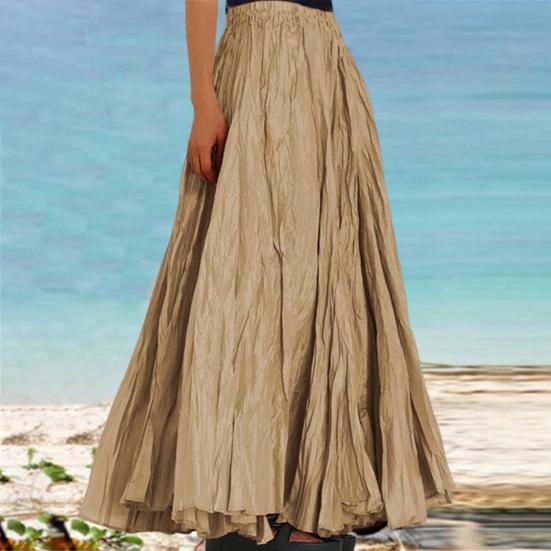 Women Skirt Elastic High Waist Pleated Maxi Skirt Solid Color A-Line Ankle-Length Skirt Large Hem Long Skirt Work Leisure Wear