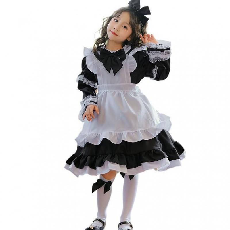 Black Alice In Wonderland Cosplay Costume Girls Halloween Party Dress Princess Outfit With Lace Bow Short Sleeve