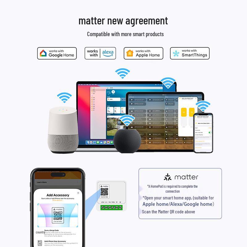Умный WiFi-переключатель Matter 16А, Совместим с HomeKit, Таймер для мобильного телефона, Работает с Alexa и Google Assistant.