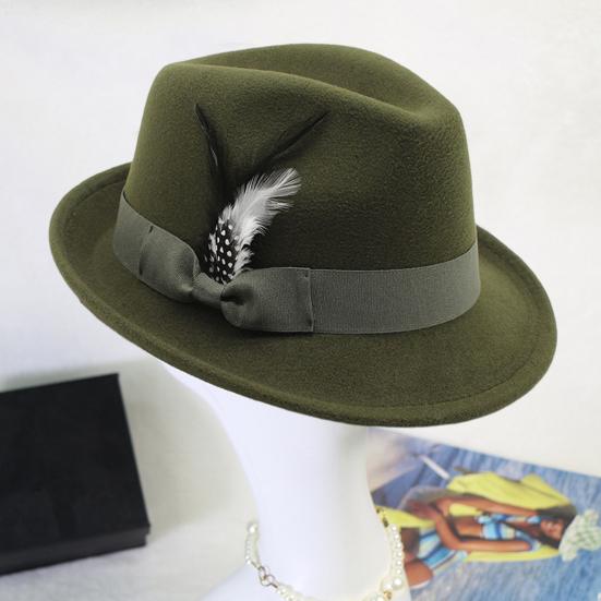 Men Fedora Hat Feather And Bow Decor Vintage Short Brim Felt Hat Solid Color Women Panama Hat 1920s Floppy Hat for All-Day Wear