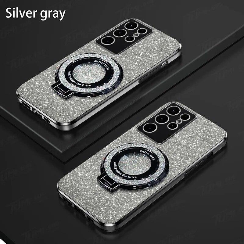 Luxury Plating Magnetic Holder Phone Case For Samsung Galaxy S24 Ultra S23 S22 S21 S20 Plus FE Note 20 10 Silicone Glitter Cover