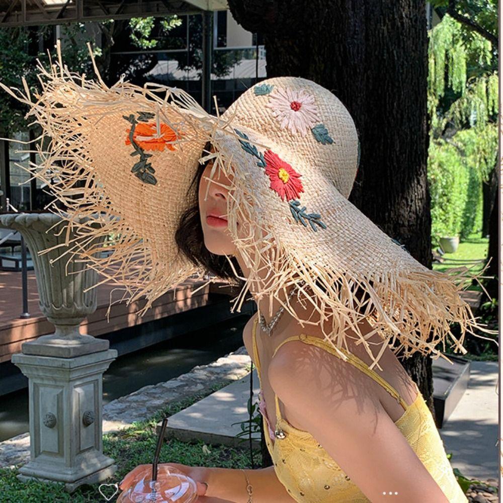 Boho Lafite Grass Hat Embroidered Flower Foldable Embroidered Flower Straw Hat Breathable Hollow Out UV Protection Cap Girls
