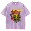 Casual Womans Acid Wash T-Shirts Retro Manga Bees Printing Tops Crewneck Distressed Oversize Cotton Tees Trend Clothes
