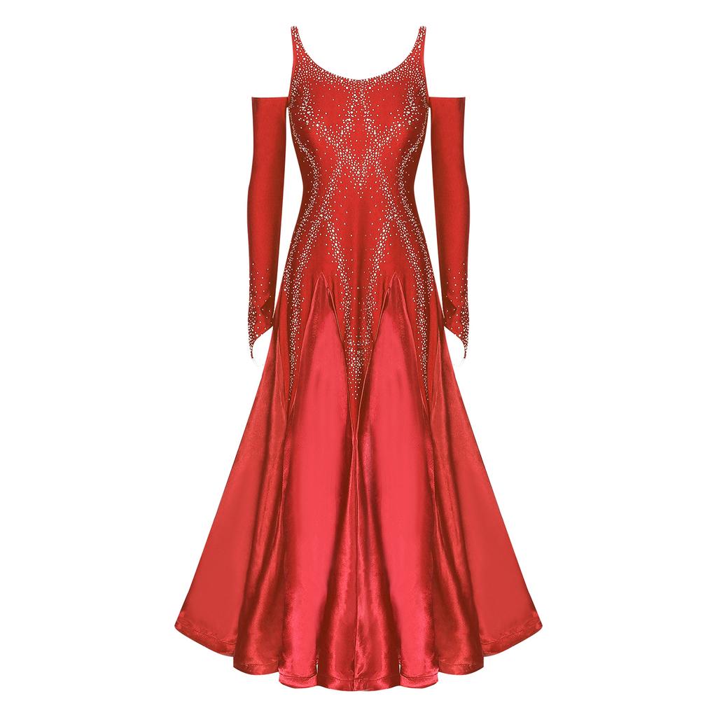 Женское бальное платье для танцев с V-образным вырезом, открытой спиной, открытыми плечами, блестящими стразами, расклешенным подолом, сценическое платье для выступлений