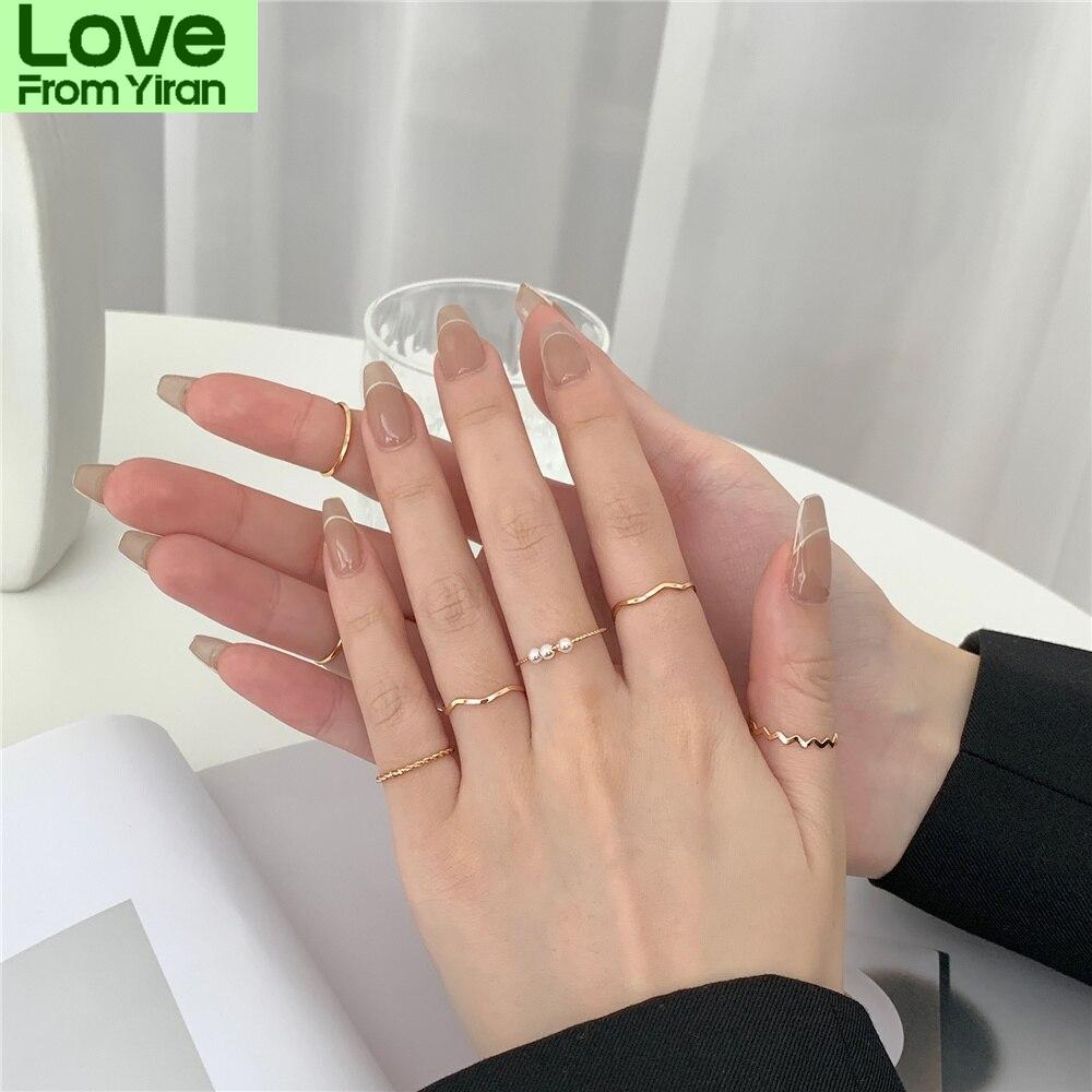 5pc /Set New Trend Temperament Pearl Ring Female Retro Design Fashion Personalized Ring Ins Hand Formal Elegant Jewelry For Women
