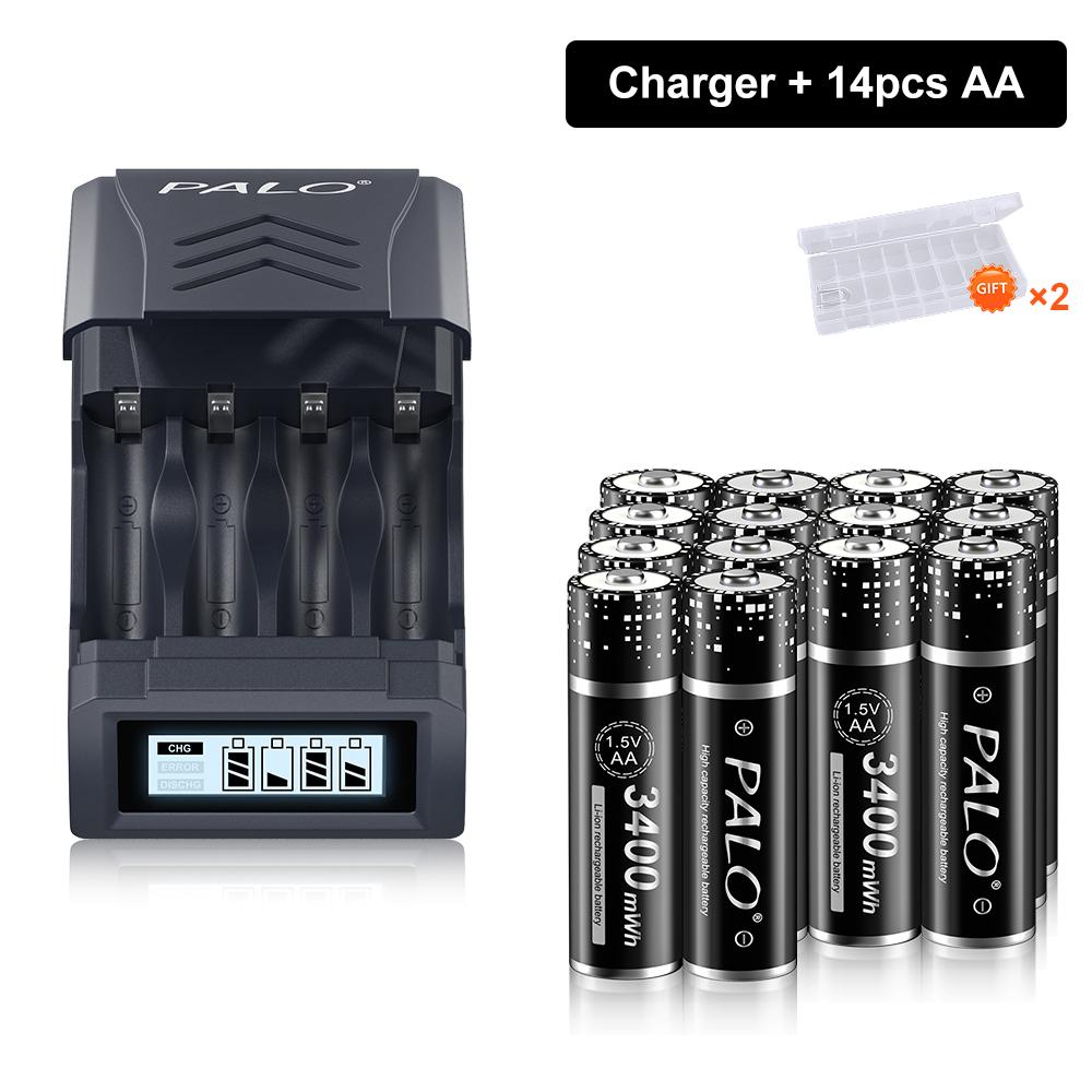 PALO 1.5V AA Li-ion Rechargeable Battery AA 1.5V 3400mWh Lithium AA Li-ion with 4 Slots Battery Charger for 1.5V AAA AA Li-ion Battery