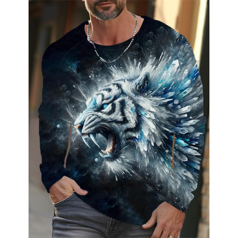 2024 New Tiger Print Pullover Autumn Winter Men's Casual Long Sleeve Round Neck Sweatshirt Streetwear Harajuku Men's Wear