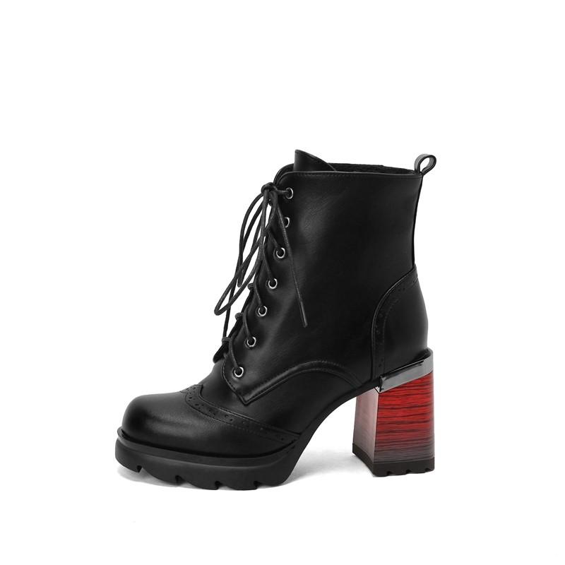 Большие размеры 43 44 Черный Желтый Дизайн Мода Осень Зима Винтаж Броги Платформа Шнуровка Мотоциклетные Ботильоны Принт Каблуки Новые